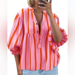 Boutique Pink Orange Striped Babydoll Blouse XL Balloon Sleeve